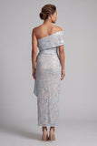 Dusty Blue Sheath One Shoulder Floral Long Mother of the Bride Dress with Bow