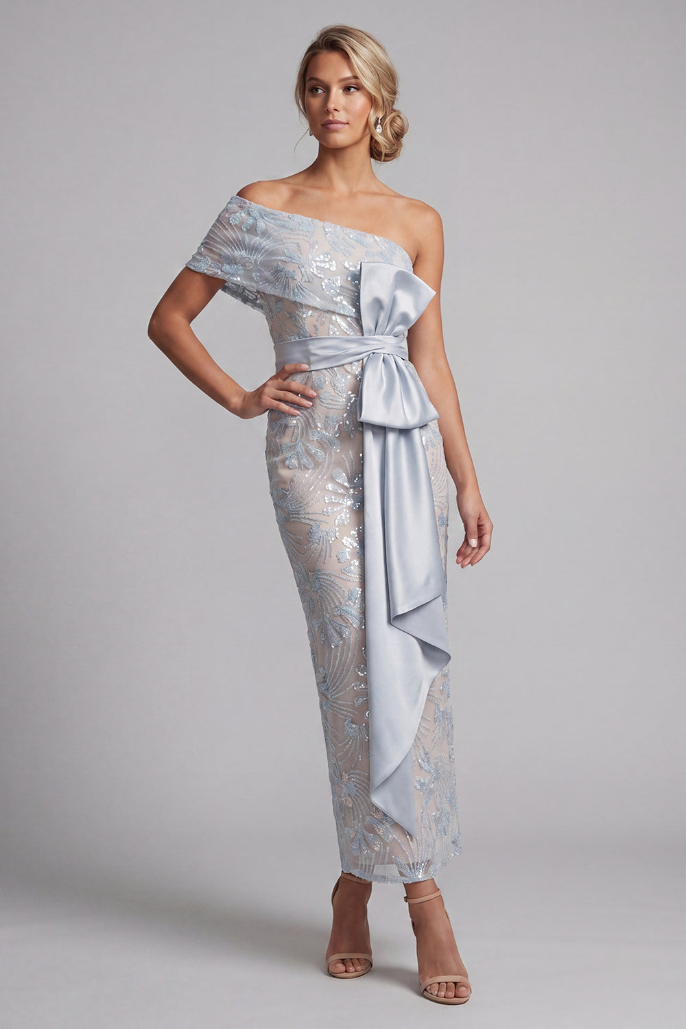 Dusty Blue Sheath One Shoulder Floral Long Mother of the Bride Dress with Bow