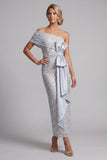 Dusty Blue Sheath One Shoulder Floral Long Mother of the Bride Dress with Bow