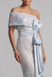 Dusty Blue Sheath One Shoulder Floral Long Mother of the Bride Dress with Bow