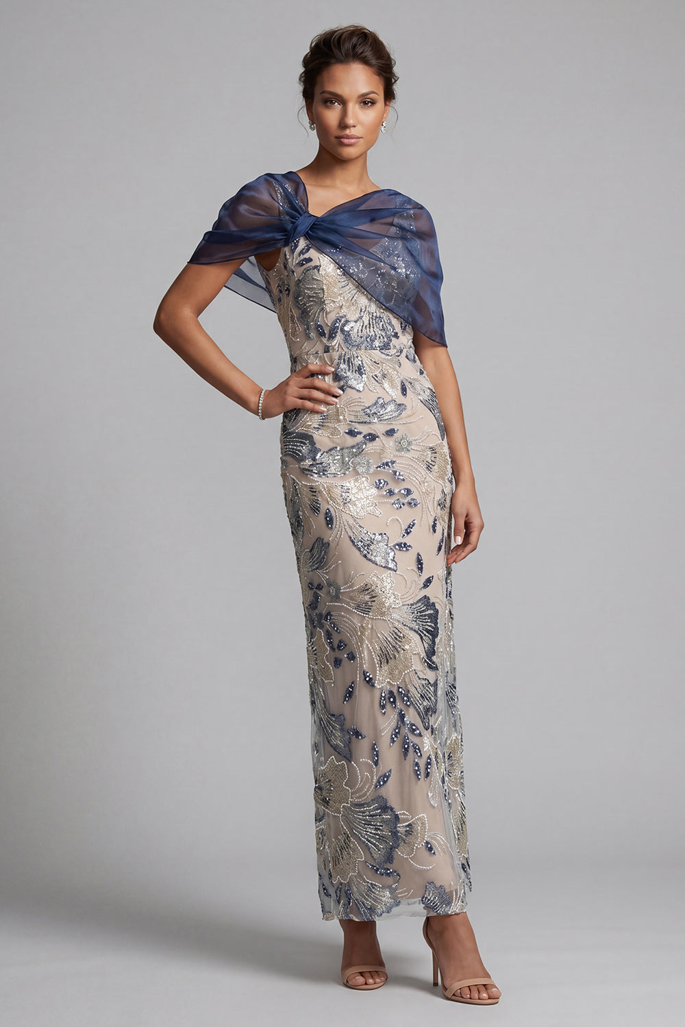 Navy Sheath Scoop Neck Floral Long Mother of the Bride Dress with Cape