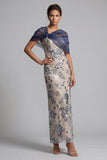 Navy Sheath Scoop Neck Floral Long Mother of the Bride Dress with Cape