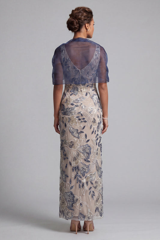 Navy Sheath Scoop Neck Floral Long Mother of the Bride Dress with Cape