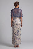 Navy Sheath Scoop Neck Floral Long Mother of the Bride Dress with Cape