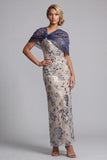 Navy Sheath Scoop Neck Floral Long Mother of the Bride Dress with Cape