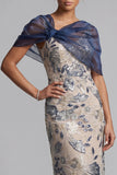 Navy Sheath Scoop Neck Floral Long Mother of the Bride Dress with Cape