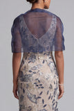 Navy Sheath Scoop Neck Floral Long Mother of the Bride Dress with Cape