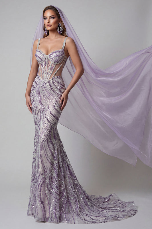 Lilac Corset Mermaid Sparkly Sequin Long Pageant Dress with Veil