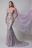 Lilac Corset Mermaid Sparkly Sequin Long Pageant Dress with Veil