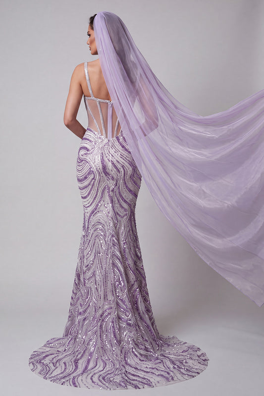 Lilac Corset Mermaid Sparkly Sequin Long Pageant Dress with Veil