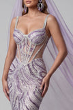 Lilac Corset Mermaid Sparkly Sequin Long Pageant Dress with Veil