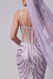 Lilac Corset Mermaid Sparkly Sequin Long Pageant Dress with Veil