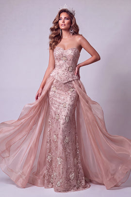 Blush Floral Corset Sparkly Beaded Mermaid Long Pageant Dress with Cape