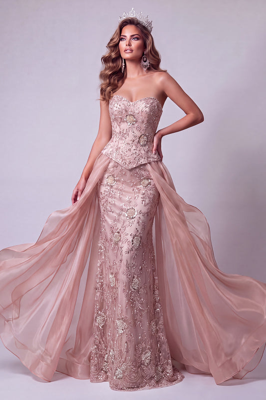 Blush Floral Corset Sparkly Beaded Mermaid Long Pageant Dress with Cape