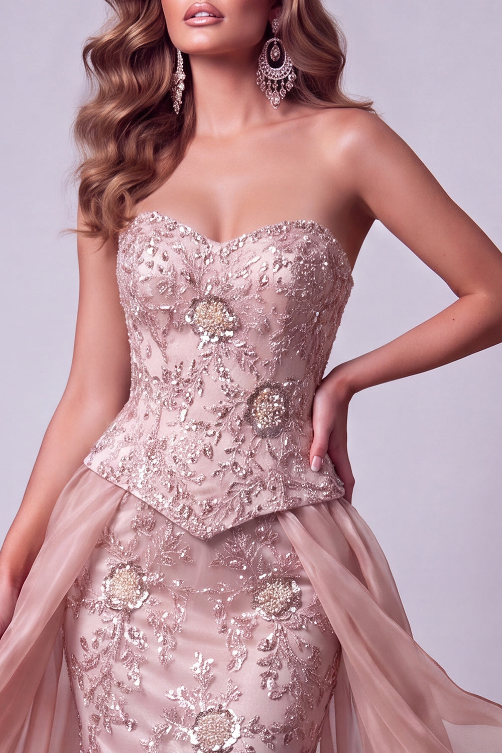 Blush Floral Corset Sparkly Beaded Mermaid Long Pageant Dress with Cape