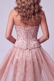 Blush Floral Corset Sparkly Beaded Mermaid Long Pageant Dress with Cape