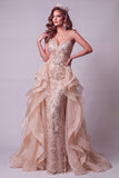 Champagne Floral Mermaid Beaded Sparkly Long Pageant Dress with Cape