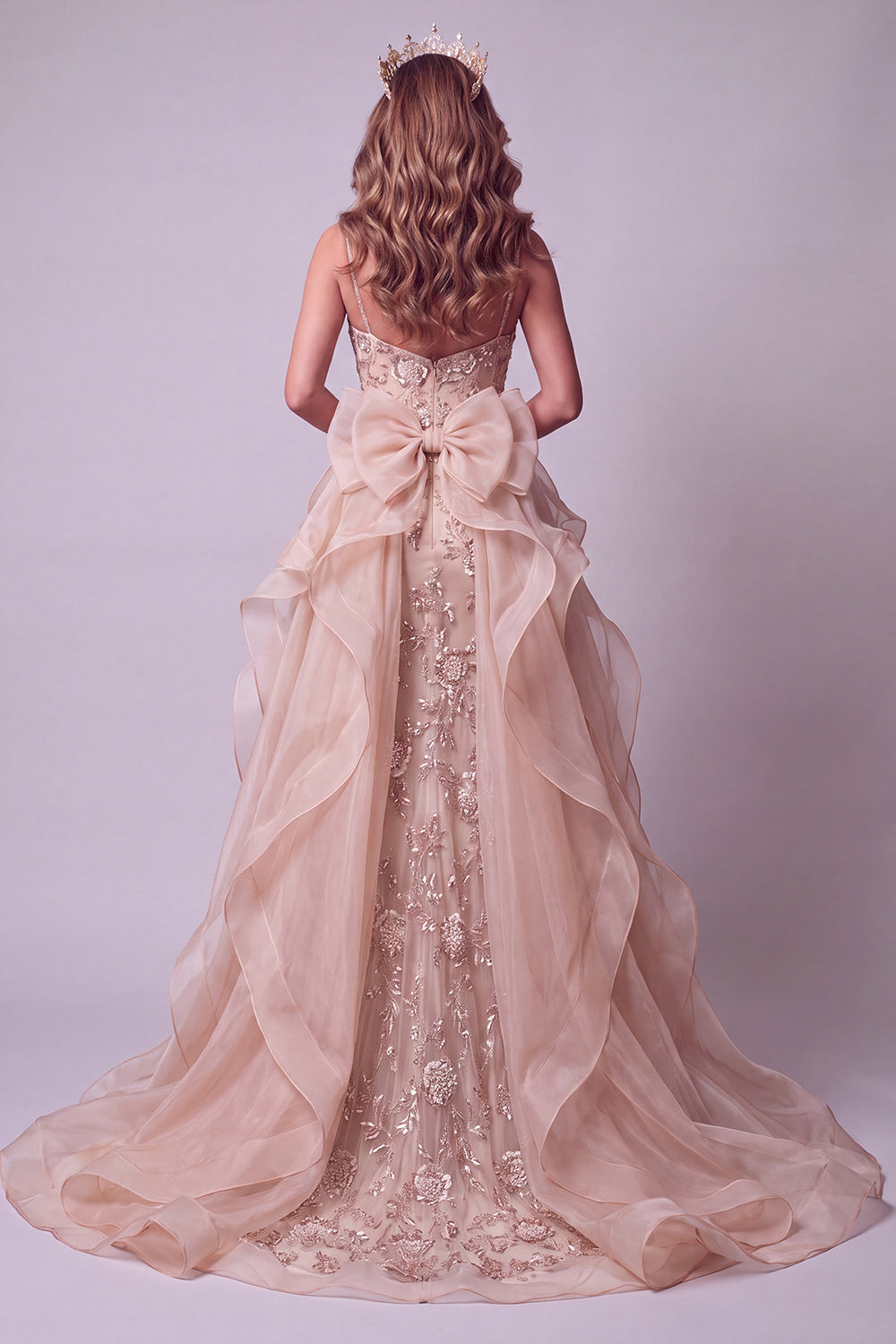 Champagne Floral Mermaid Beaded Sparkly Long Pageant Dress with Cape