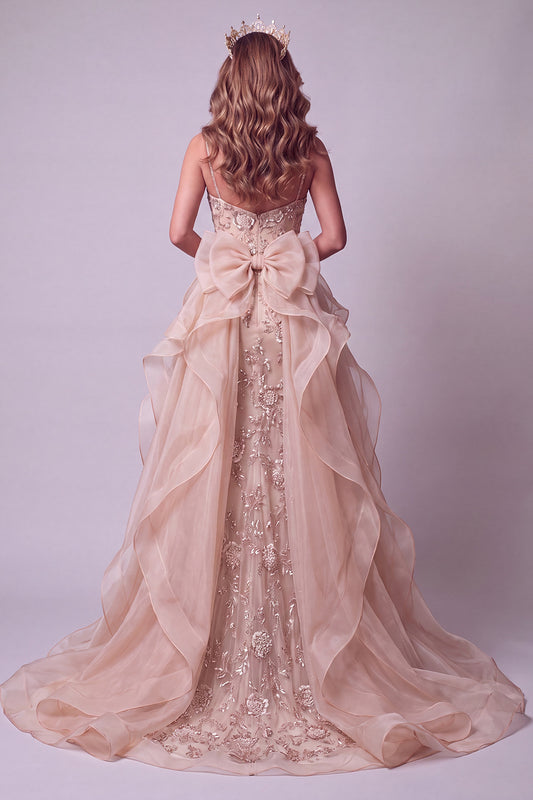 Champagne Floral Mermaid Beaded Sparkly Long Pageant Dress with Cape