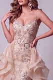 Champagne Floral Mermaid Beaded Sparkly Long Pageant Dress with Cape