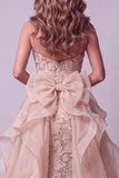 Champagne Floral Mermaid Beaded Sparkly Long Pageant Dress with Cape