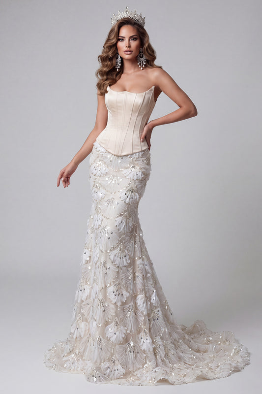 Ivory Floral Sequin Corset Strapless Mermaid Sparkly Long Pageant Dress