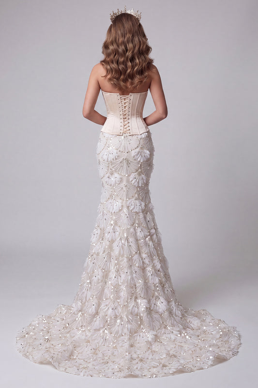 Ivory Floral Sequin Corset Strapless Mermaid Sparkly Long Pageant Dress
