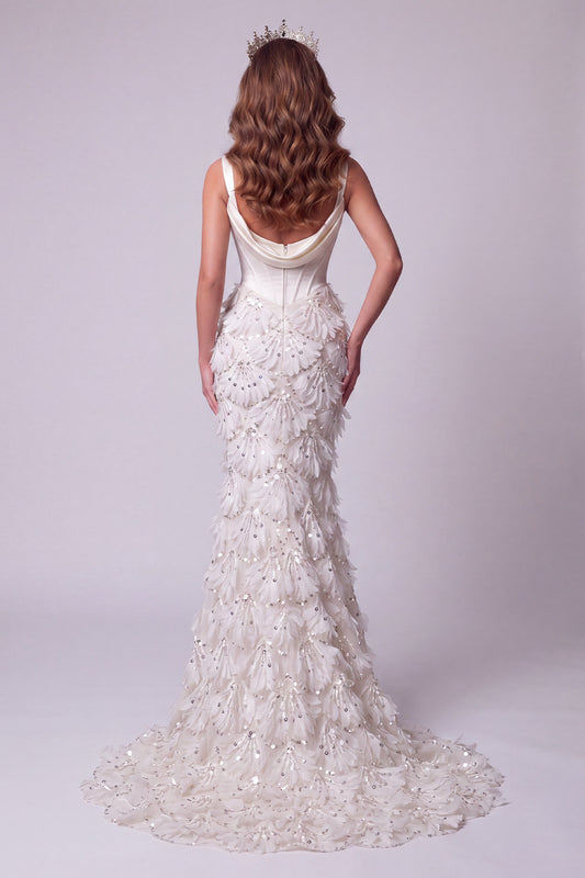 Ivory Corset Floral Mermaid Sequin Sparkly Long Pageant Dress