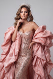 Pink Corset Mermaid Sparkly Sequin Long Pageant Dress with Cape