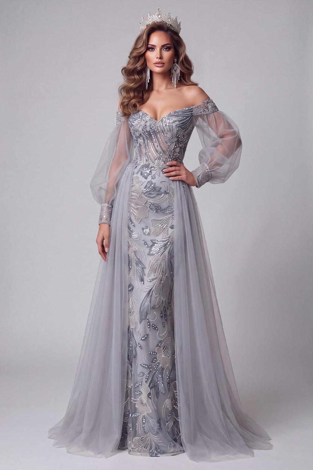 Dusty Blue Floral Beaded Mermaid Sparkly Long Sleeves Pageant Dress with Cape
