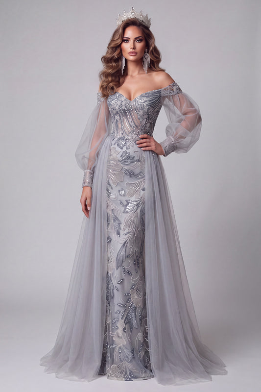 Dusty Blue Floral Beaded Mermaid Sparkly Long Sleeves Pageant Dress with Cape