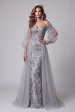 Dusty Blue Floral Beaded Mermaid Sparkly Long Sleeves Pageant Dress with Cape