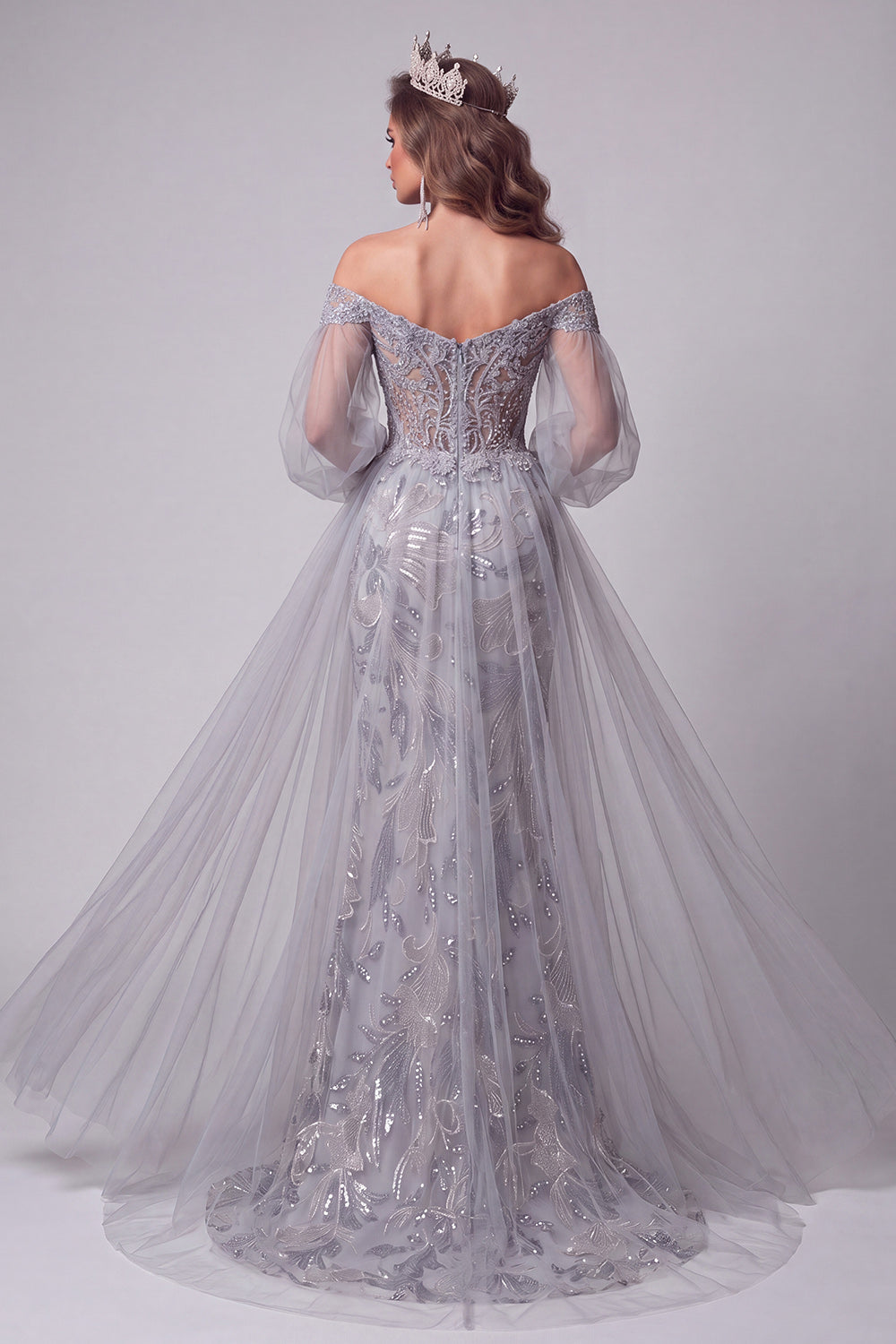 Dusty Blue Floral Beaded Mermaid Sparkly Long Sleeves Pageant Dress with Cape