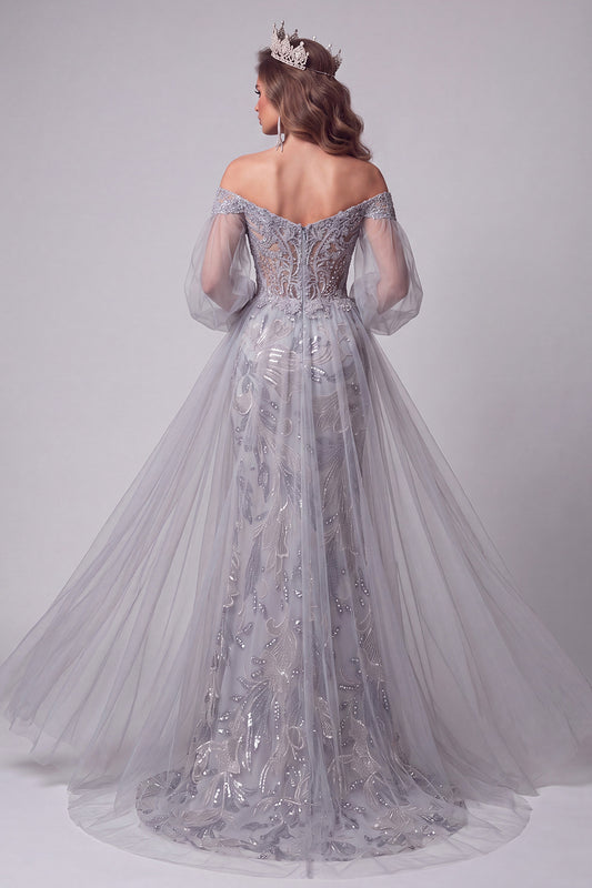 Dusty Blue Floral Beaded Mermaid Sparkly Long Sleeves Pageant Dress with Cape