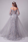 Dusty Blue Floral Beaded Mermaid Sparkly Long Sleeves Pageant Dress with Cape