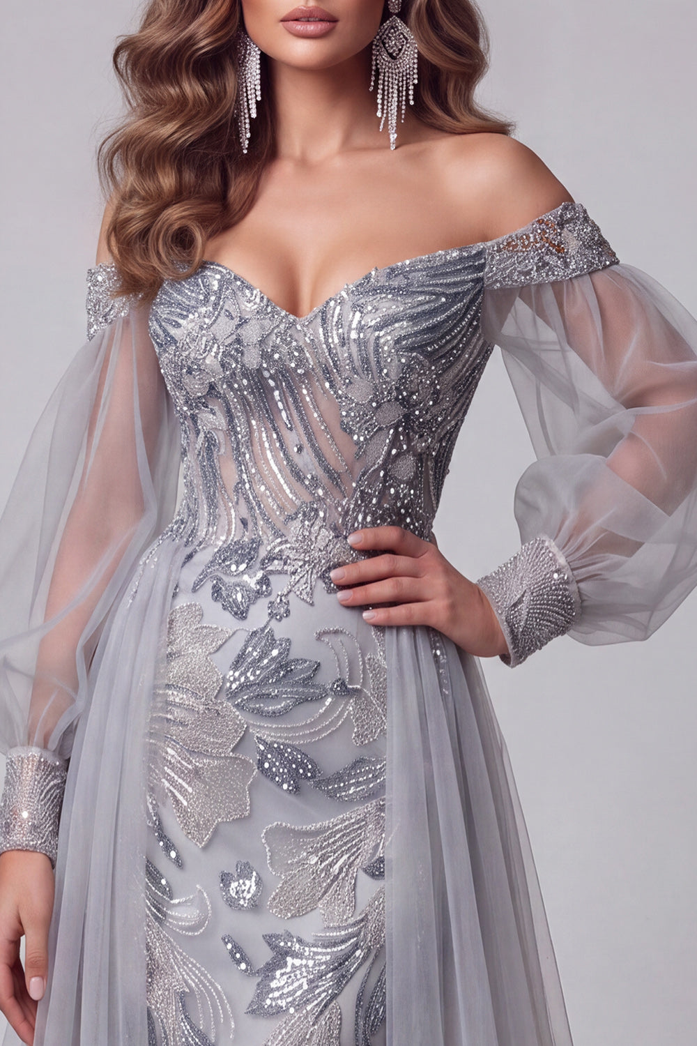 Dusty Blue Floral Beaded Mermaid Sparkly Long Sleeves Pageant Dress with Cape