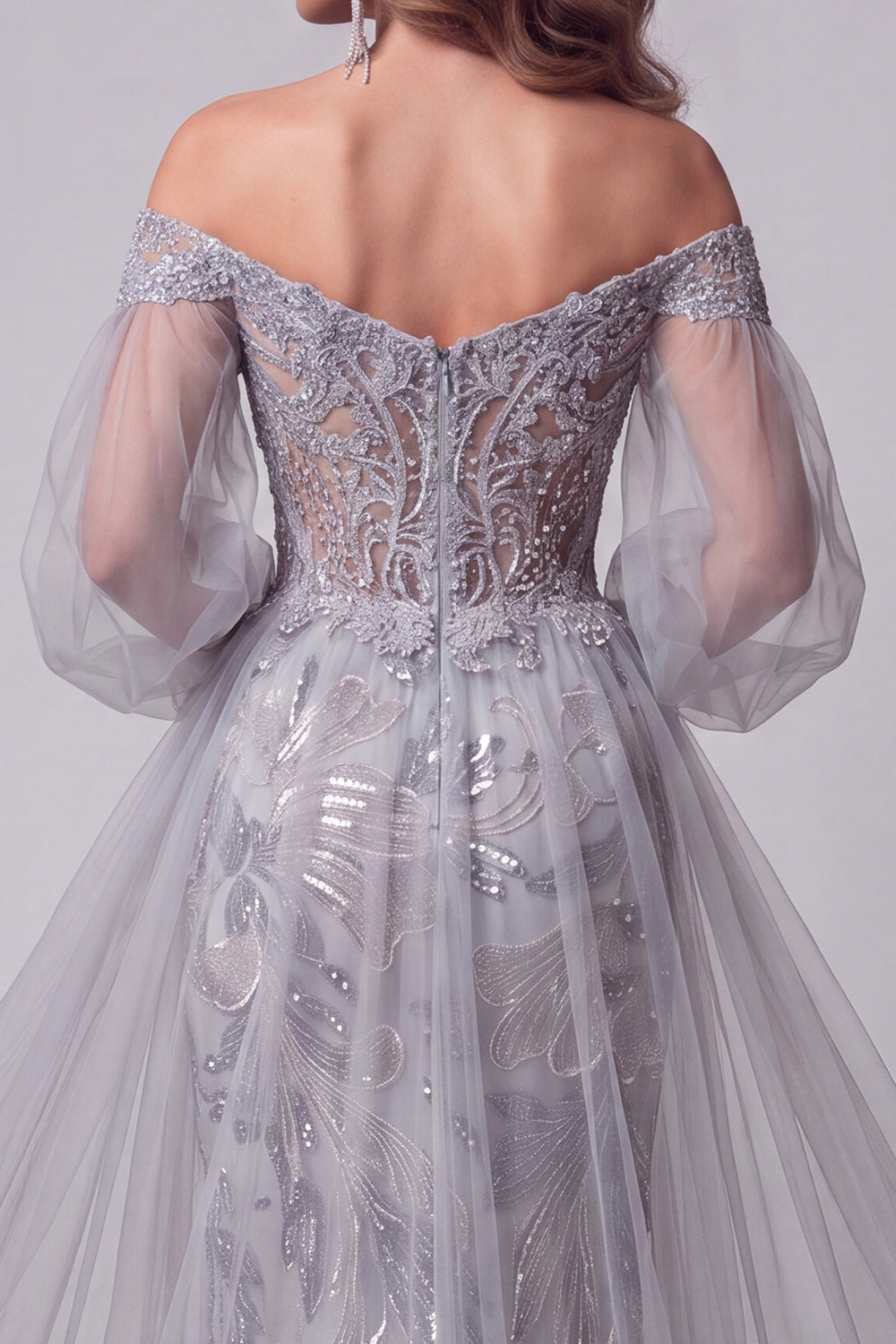 Dusty Blue Floral Beaded Mermaid Sparkly Long Sleeves Pageant Dress with Cape