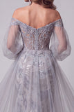 Dusty Blue Floral Beaded Mermaid Sparkly Long Sleeves Pageant Dress with Cape