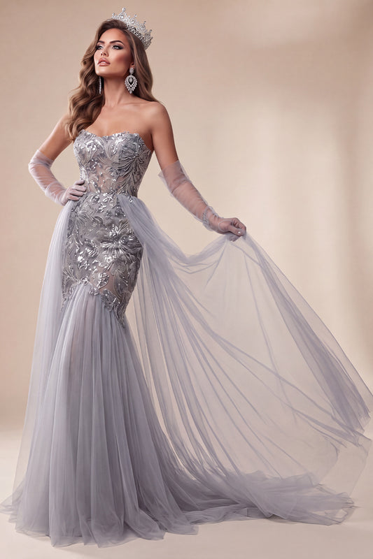 Floral Dusty Blue Mermaid Sparkly Sequin Long Pageant Dress with Cape
