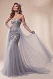 Floral Dusty Blue Mermaid Sparkly Sequin Long Pageant Dress with Cape