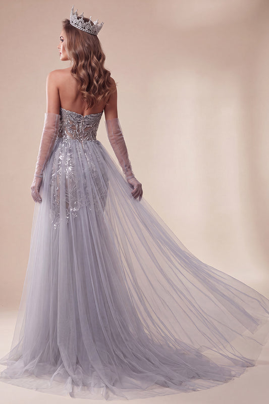 Floral Dusty Blue Mermaid Sparkly Sequin Long Pageant Dress with Cape