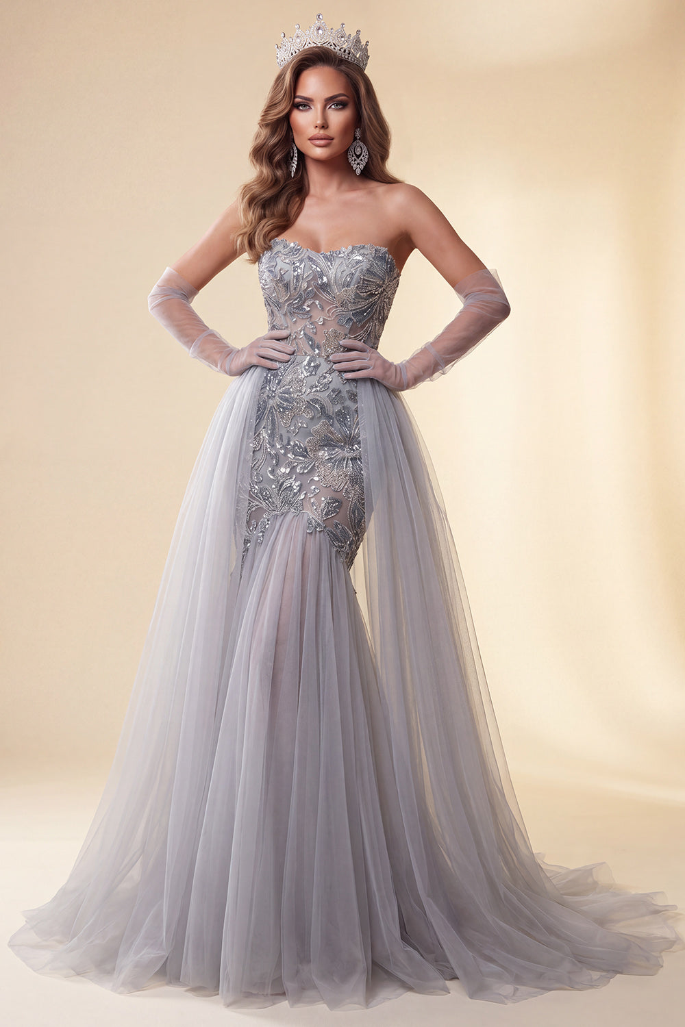 Floral Dusty Blue Mermaid Sparkly Sequin Long Pageant Dress with Cape