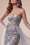 Floral Dusty Blue Mermaid Sparkly Sequin Long Pageant Dress with Cape