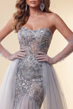 Floral Dusty Blue Mermaid Sparkly Sequin Long Pageant Dress with Cape