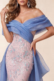 Floral Blue and Pink Sparkly Mermaid Beaded Long Pageant Dress with Cape