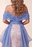 Floral Blue and Pink Sparkly Mermaid Beaded Long Pageant Dress with Cape