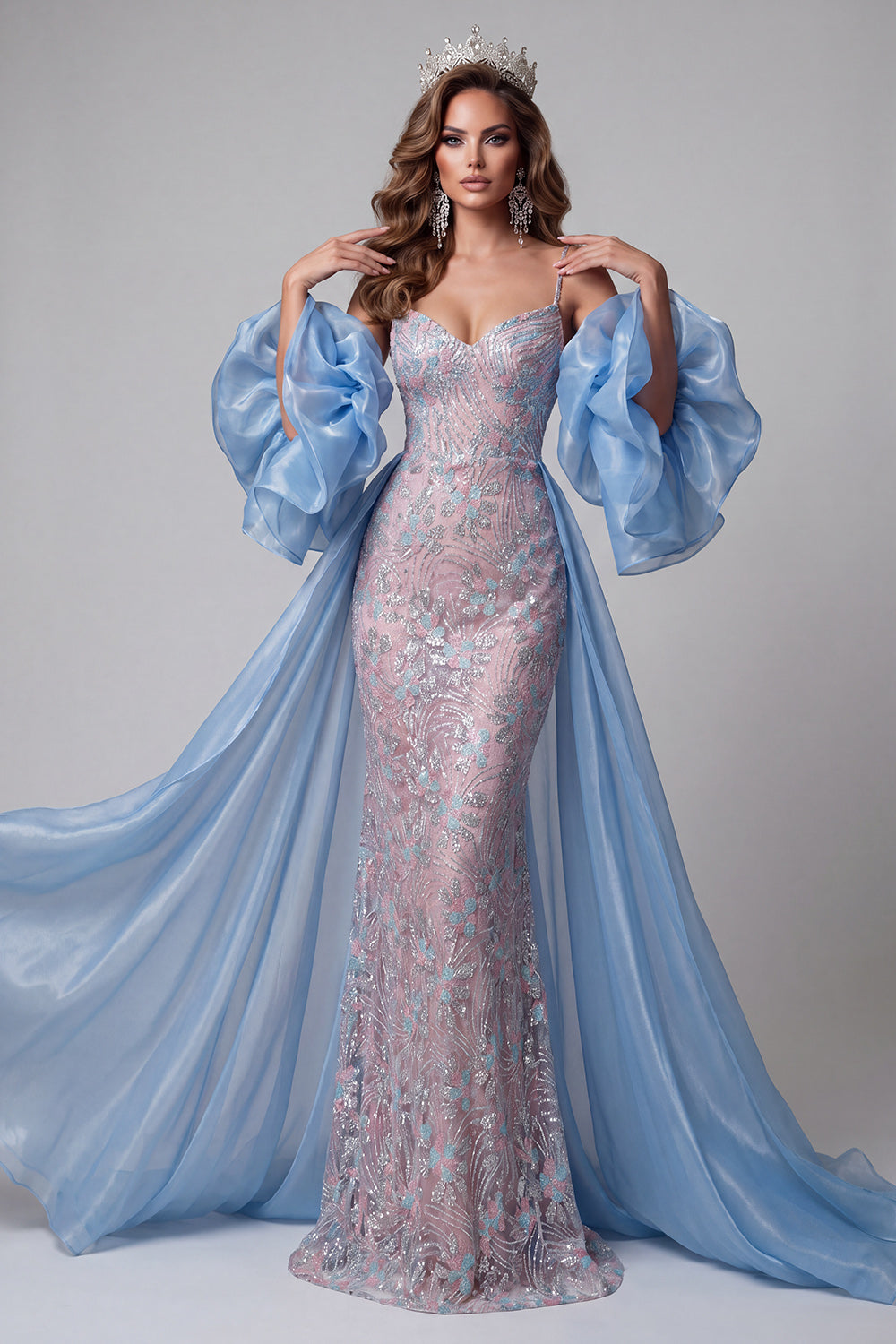 Blue and Pink Floral Sparkly Mermaid Long Pageant Dress with Cape