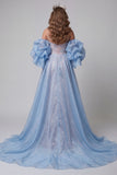 Blue and Pink Floral Sparkly Mermaid Long Pageant Dress with Cape