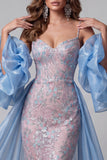 Blue and Pink Floral Sparkly Mermaid Long Pageant Dress with Cape