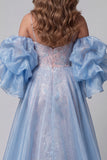 Blue and Pink Floral Sparkly Mermaid Long Pageant Dress with Cape